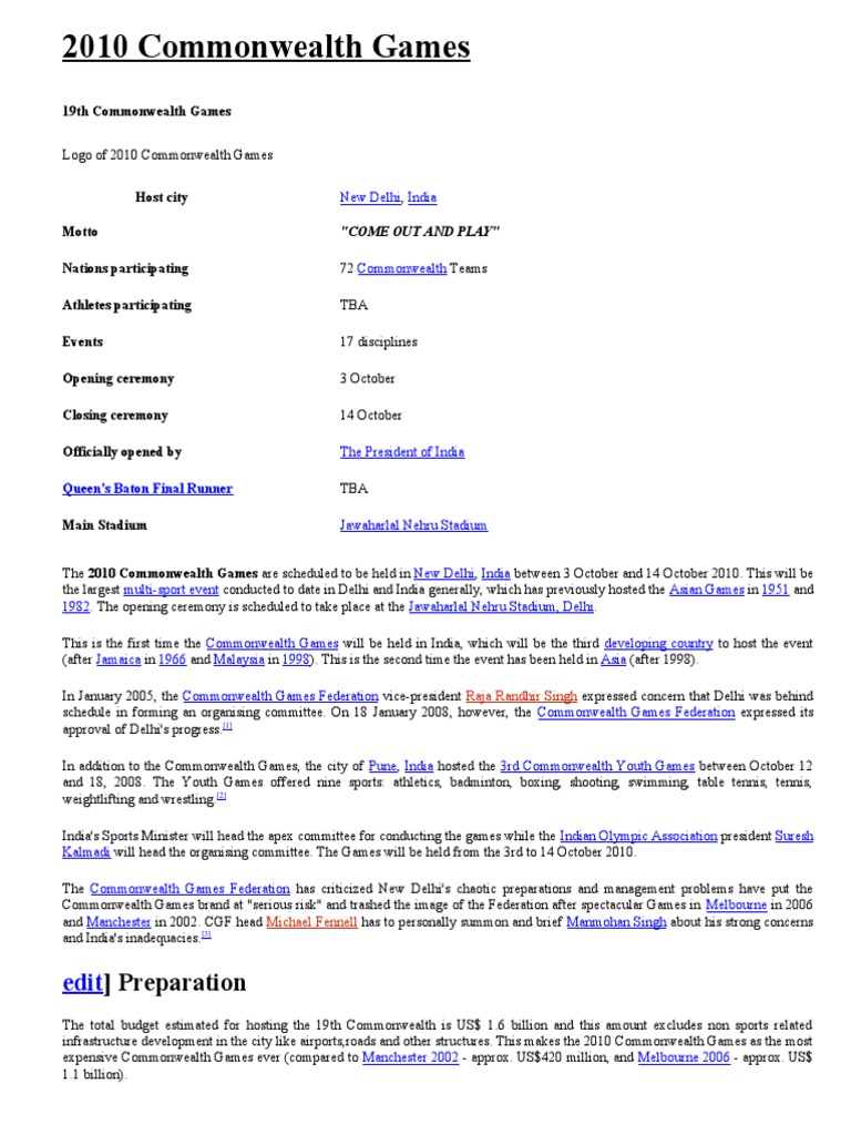 2010 Commonwealth Games) Preparation PDF Entertainment Events
