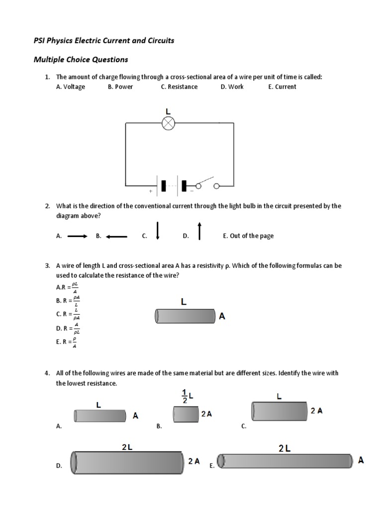 Electric Current Circuits Multiple Choice 2013 07 02 Pdf Series