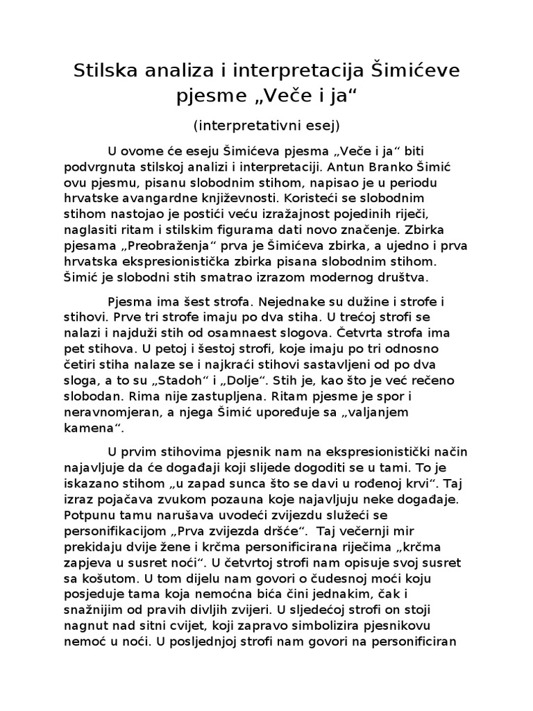 Stilska Analiza I Interpretacija Šimićeve Pjesme | PDF