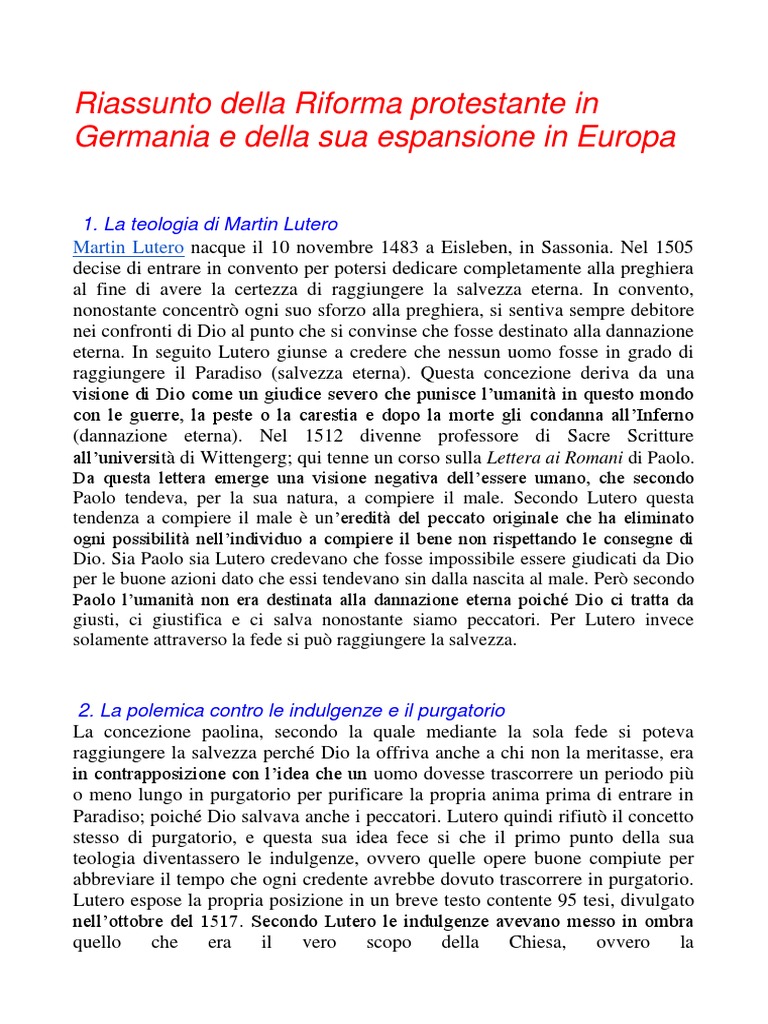 Riassunto Della Riforma Protestante In Germania E Della Sua Espansione In Europa