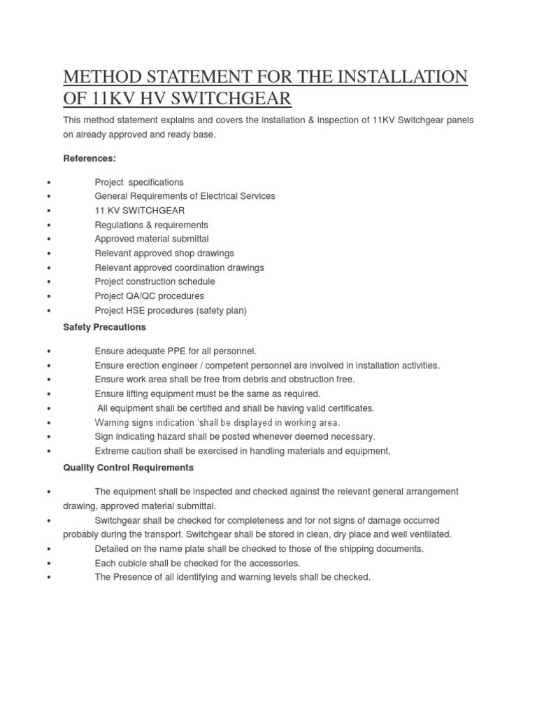 11KV Switchgear Installation Method Statement | PDF | Crane (Machine ...