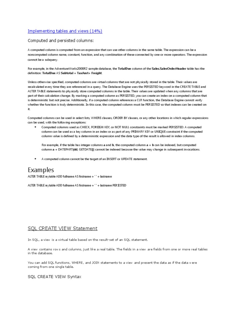 Persisted Computed Columns in SQL Server | PDF