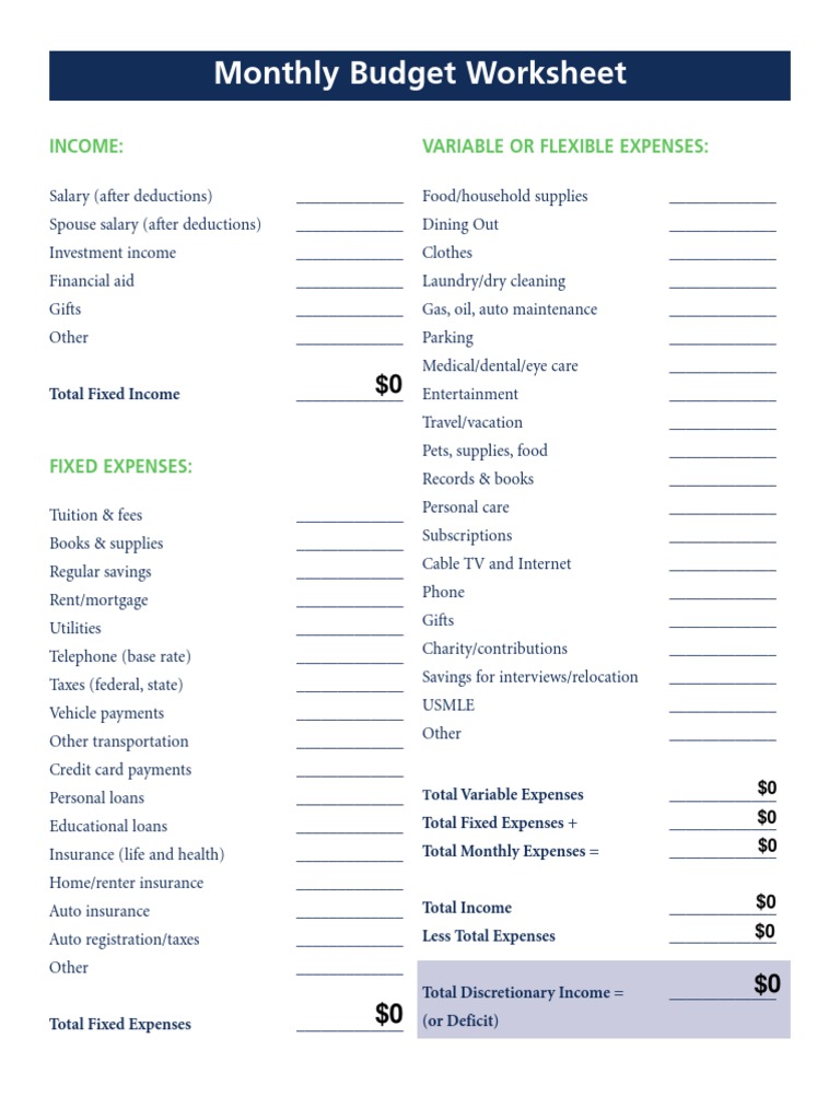Monthly Financial Worksheet