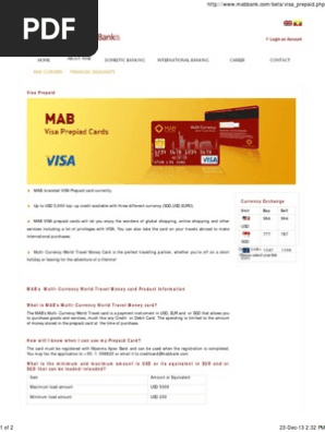 Visa Prepaid Myanma Apex Bank Stored Value Card Debit Card