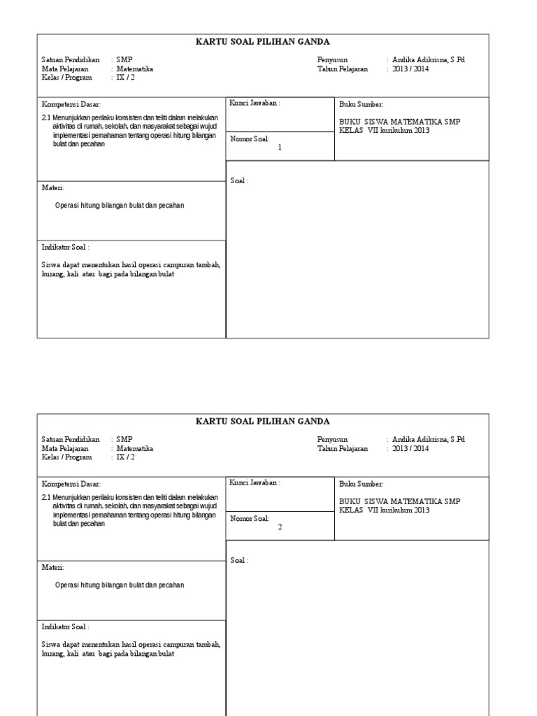 Format Kartu Soal Kelas Ix Semester 2 Andika