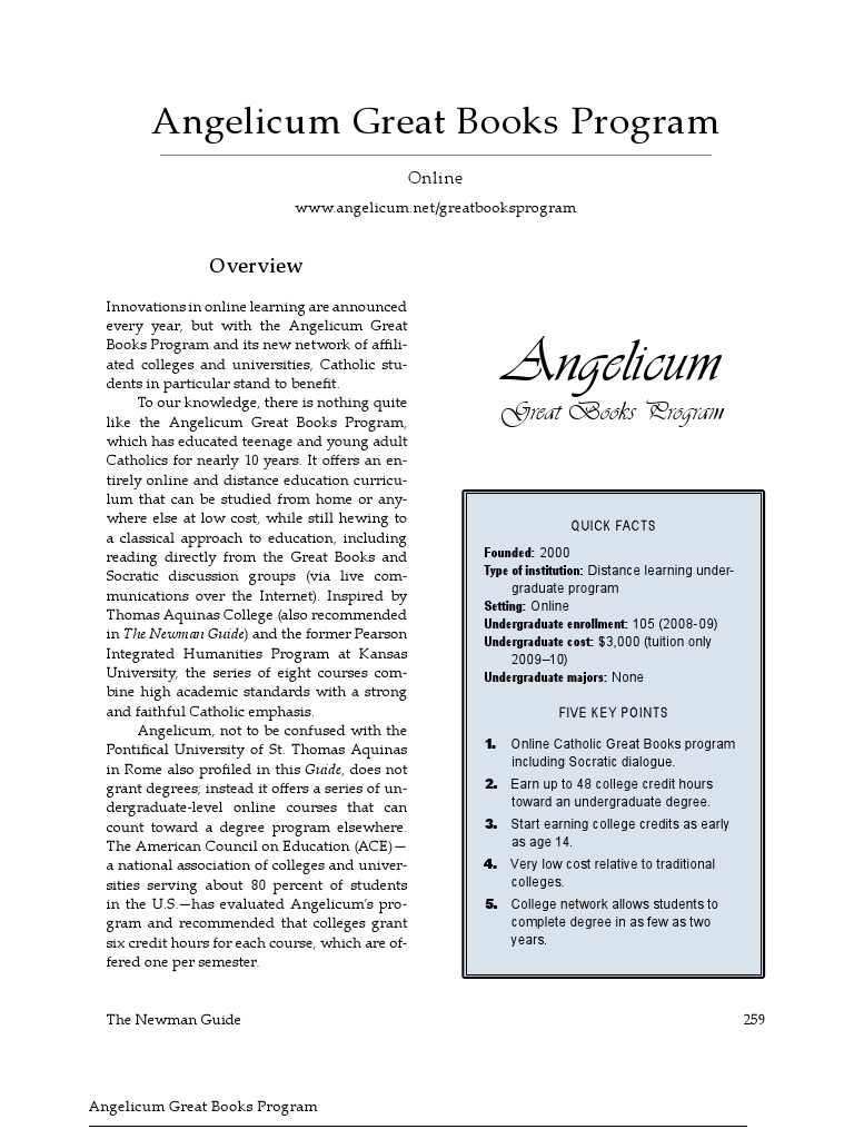 Angelicum Great Books Program PDF Great Books Course Credit