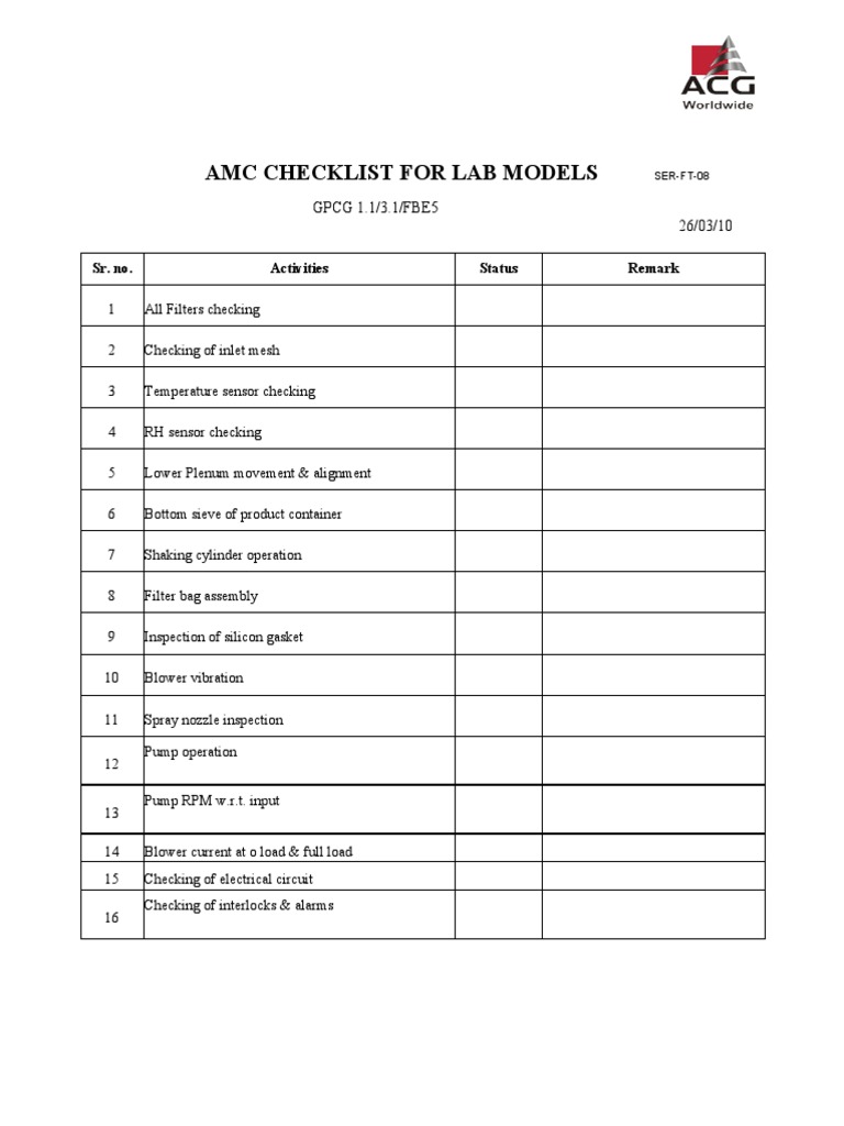 Amc Checklist For Lab Models GPCG 1.1/3.1/FBE5 26/03/10 PDF