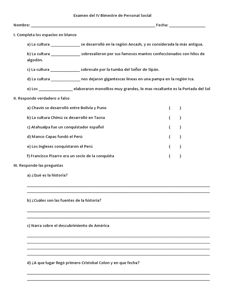 Examen Del IV Bimestre de Personal Social | PDF | Conquistador | Perú