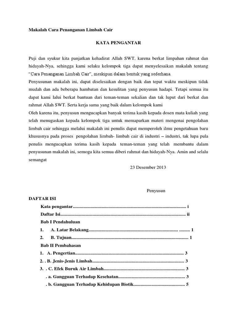 Makalah Cara Penanganan Limbah Cair Kata Pengantar