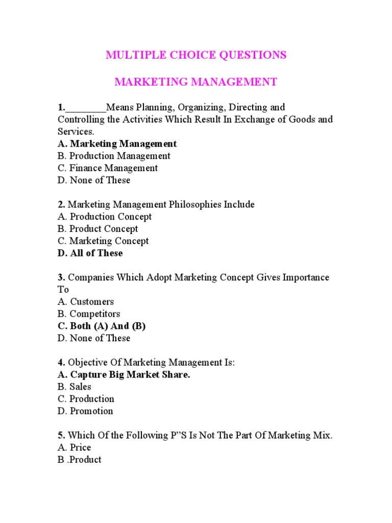 Mcq on Marketing Management Marketing Market (Economics)