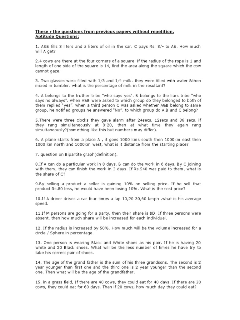 These R The Questions From Previous Papers Without Repetition. Aptitude ...