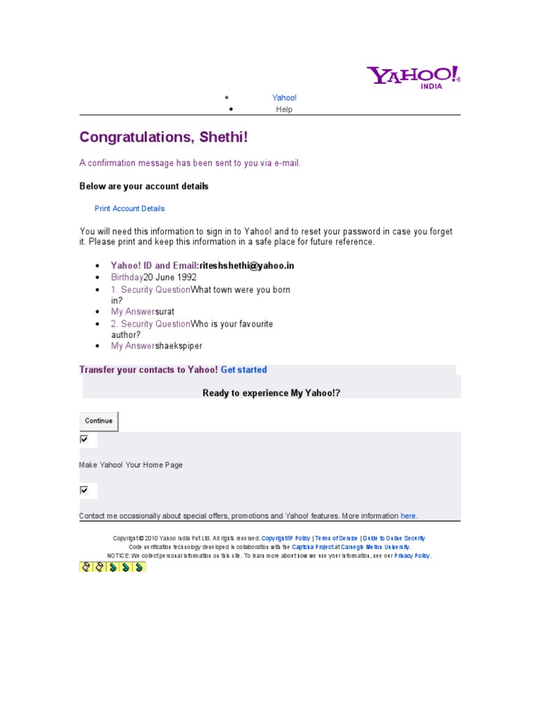 Yahoo Mail Sign-In Confirmation | PDF