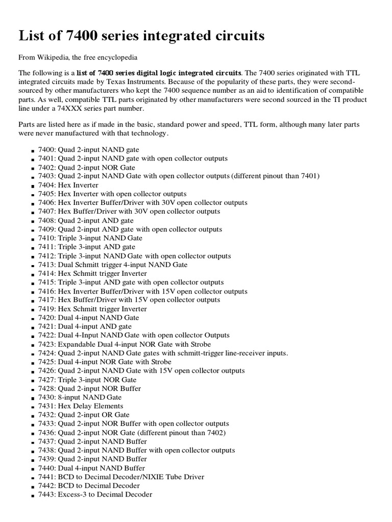 List of 7400 Series Integrated Circuits - Wikipedia, The Free ...