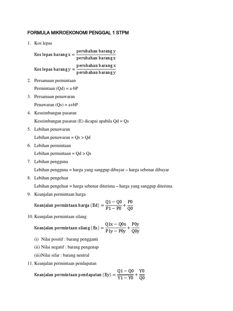 Formula Mikroekonomi Penggal 1 Stpm
