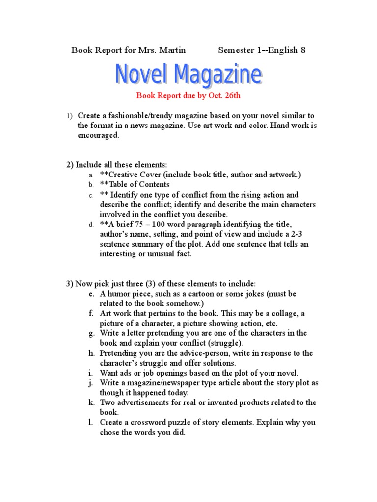 Book Report For Mrs. Martin Semester 1 - English 8 | PDF | General Fiction