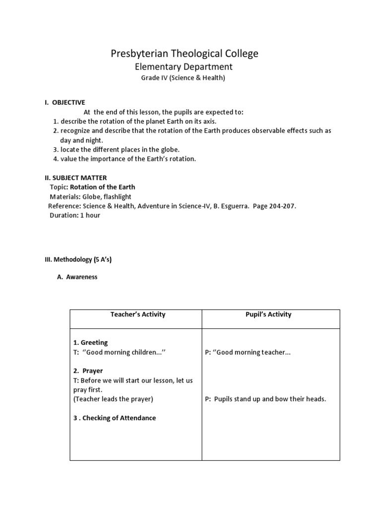 5 A s Lesson Plan Rotation Earth