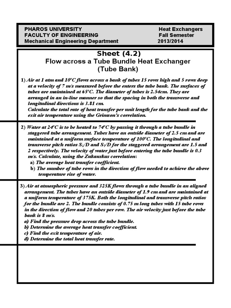 Sheet (4.2) Flow Across A Tube Bundle Heat Exchanger (Tube Bank) | PDF