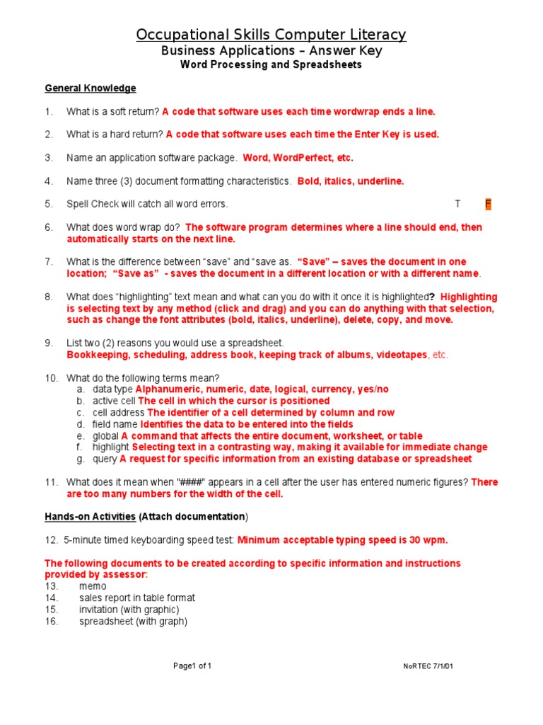 Computer Literacy Skills Answer Key | PDF