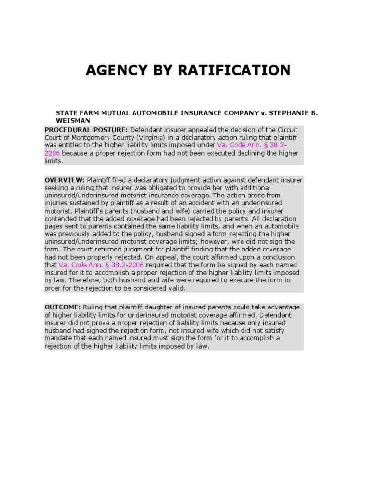 Agency by Ratification Law Of Agency Virginia Circuit Court Free