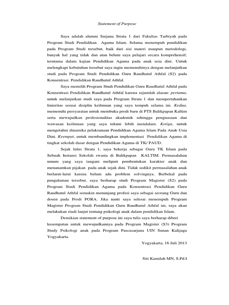 Contoh Statement Of Purpose S2 Raga Soal