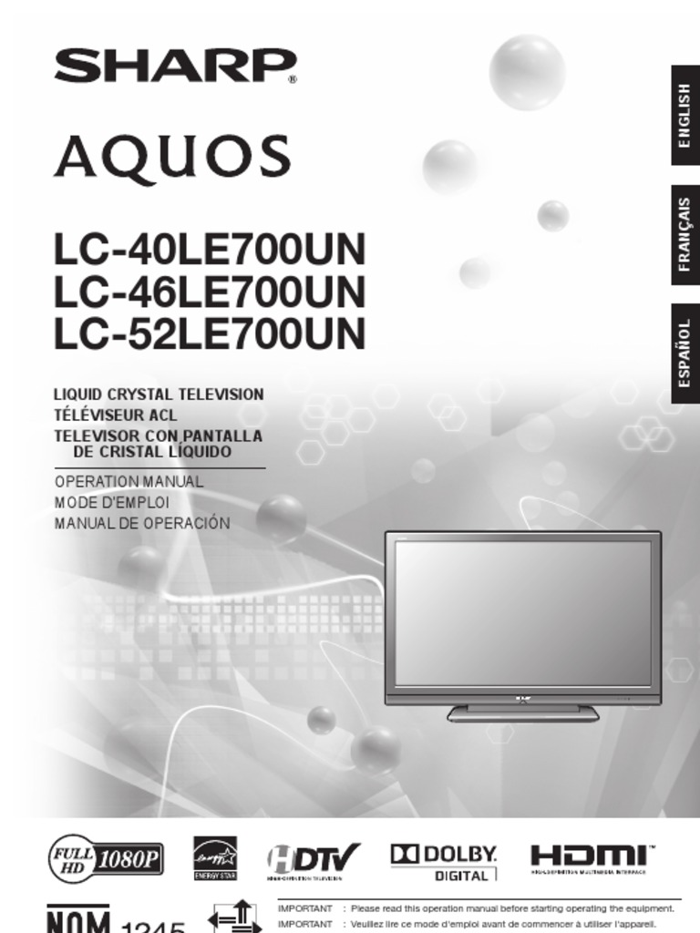 Sharp Aquos Lc 40 46 52 Le700un Operation Manual Cable Television Electrical Connector