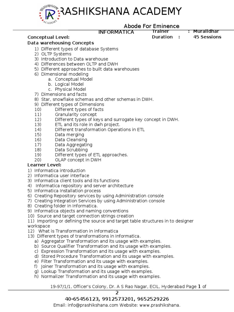 Informatica Training Curriculum Overview | PDF | Computers