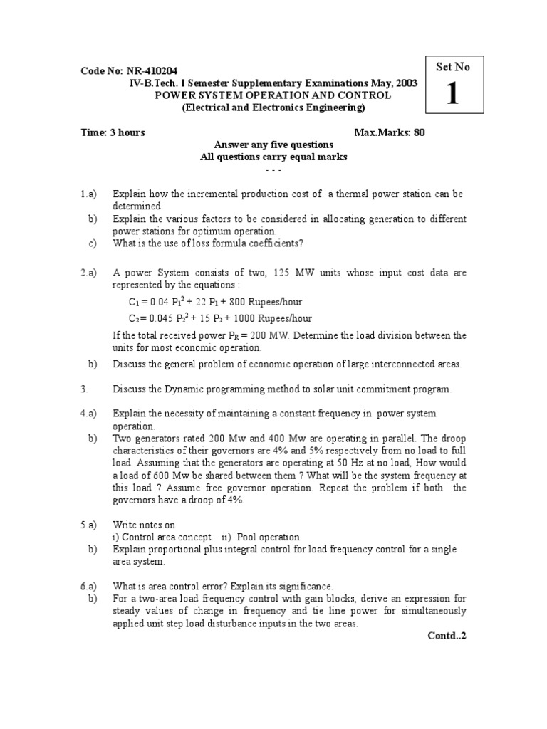 Nr410204Power System Operation and Control PDF Ac Power