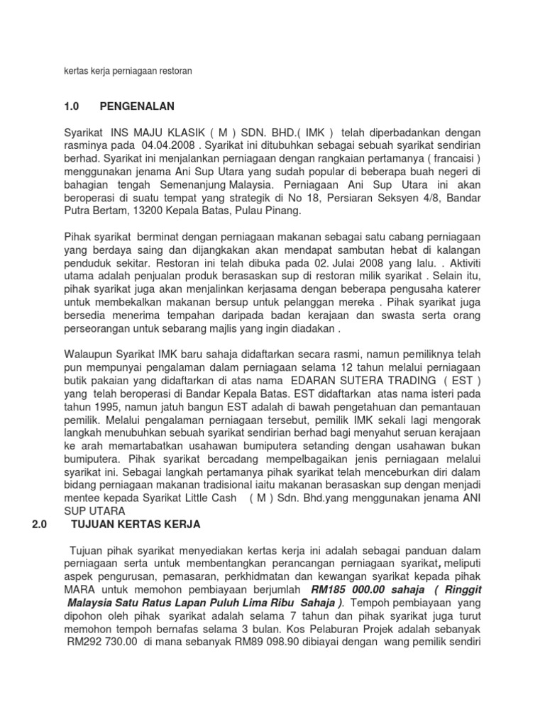 Contoh Kertas Kerja Perniagaan Restoran Pdf