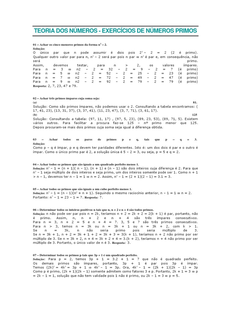 Exercícios sobre Números Primos | PDF | Número primo | Número inteiro