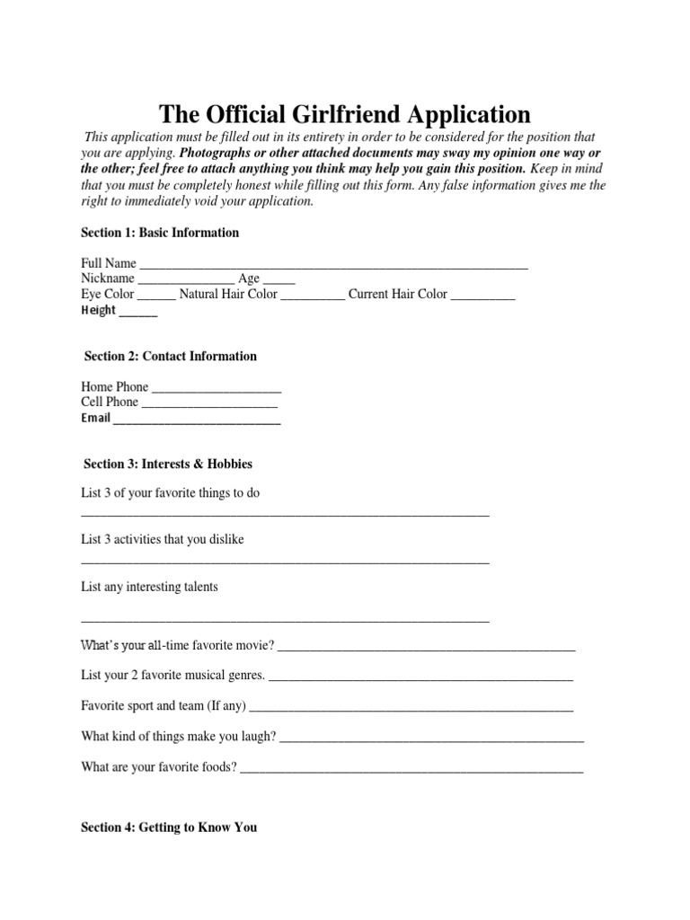 Official Girlfriend Application Form | PDF