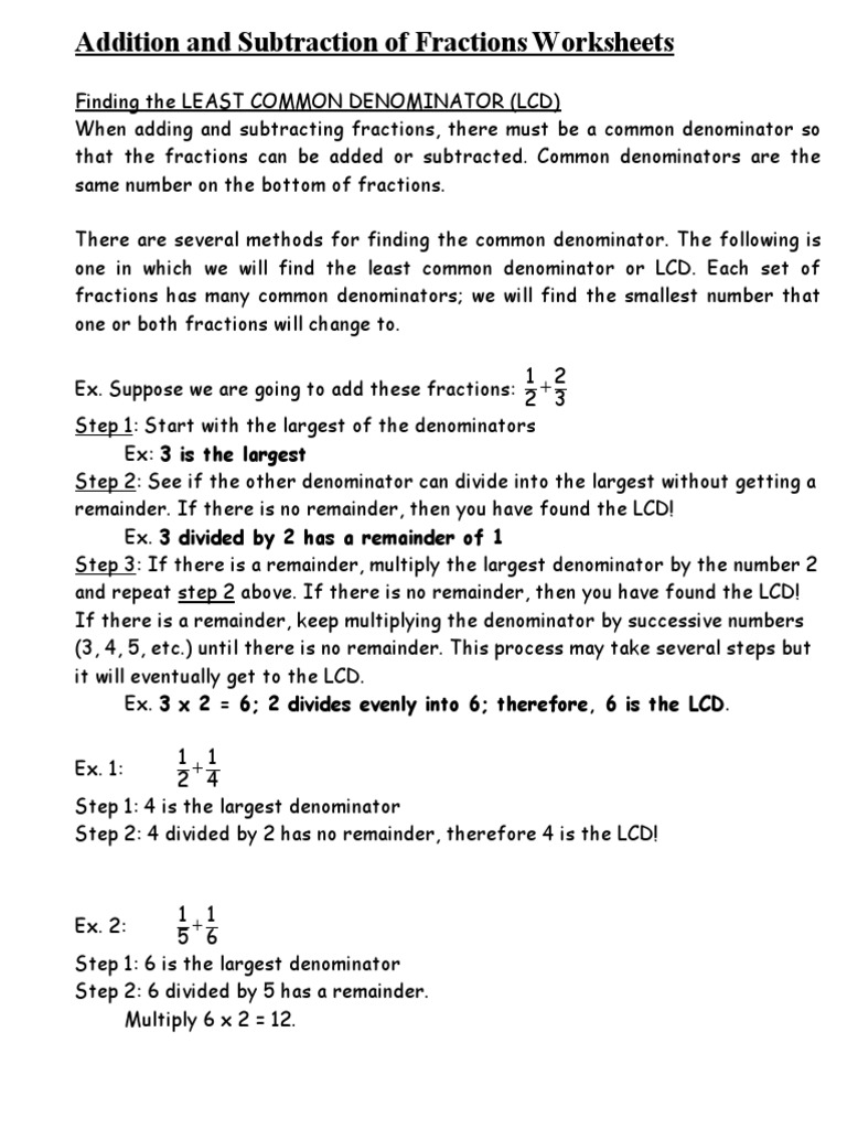 Adding and Subtracting Fractions Worksheets | Arithmetic | Elementary
