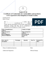 Certificate of Conformity For Commodities and Products To Be Exported To The Kingdom of Saudi Arabia