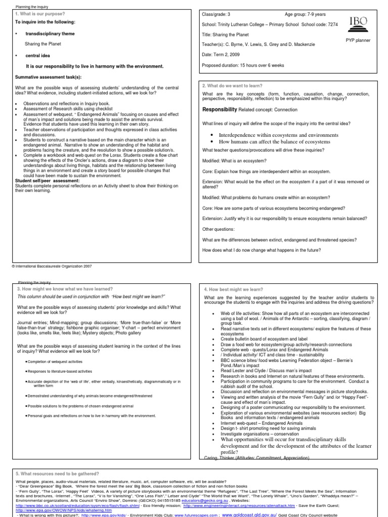 PYP Planner - Sharing The Planet | PDF | Narrative | Learning