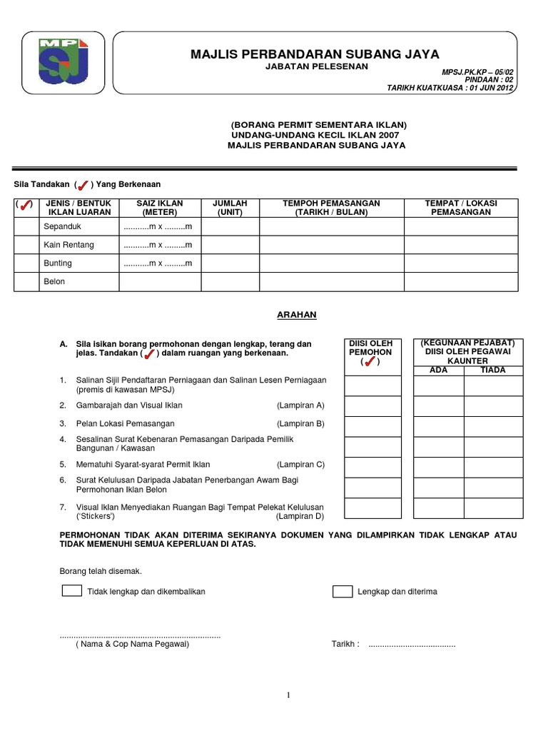 Borang Permohonan Permit Sementara Iklan Pdf