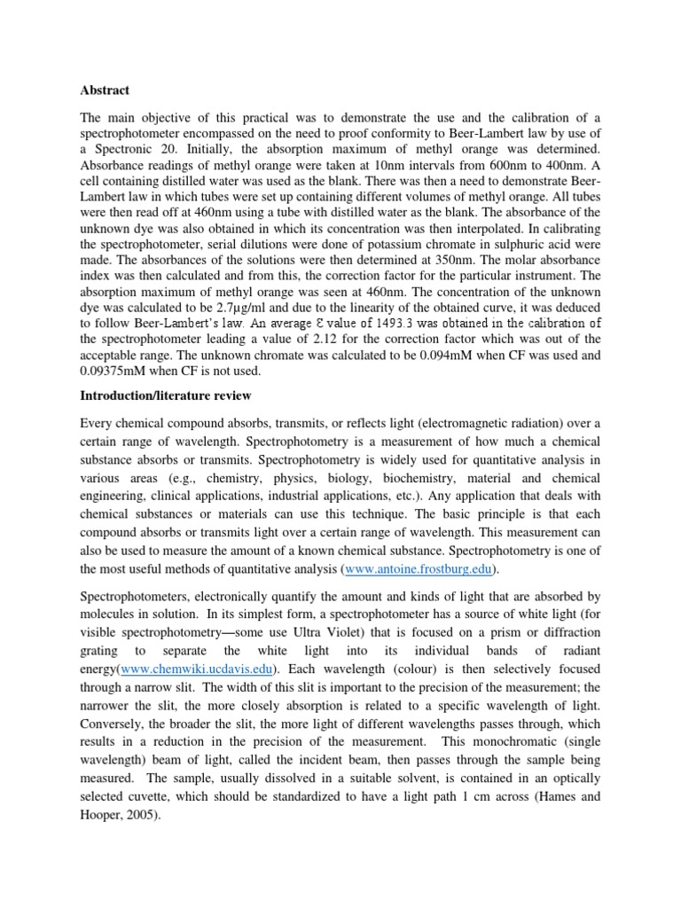 Use and Calibration of Spectrophotometer PDF Spectrophotometry Absorbance