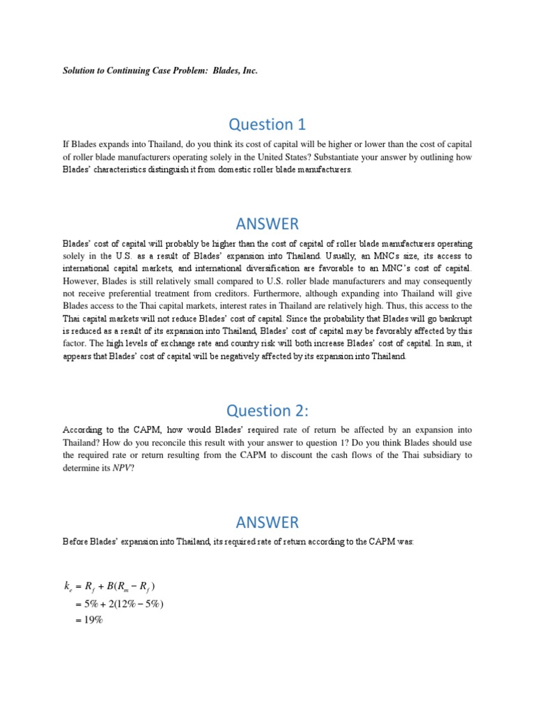 International Finance Case Solution Chapter 13 Pdf Capital Asset Pricing Model Cost Of Capital