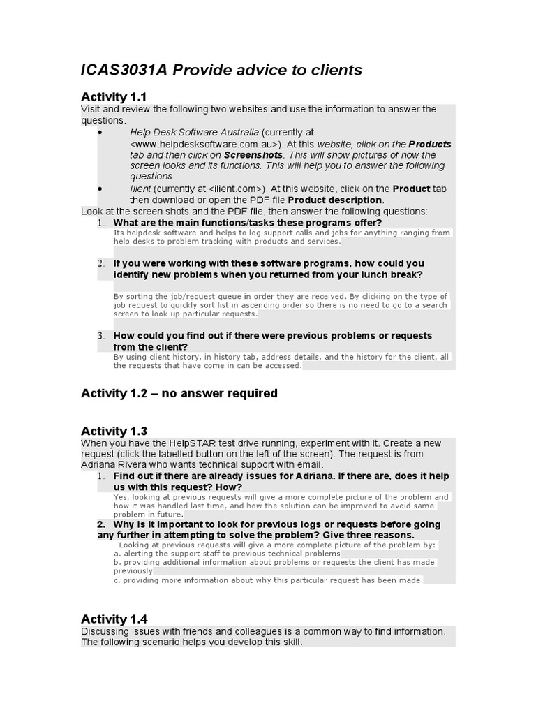 Advice To Client Activities (Answers) PDF Windows Xp Microsoft