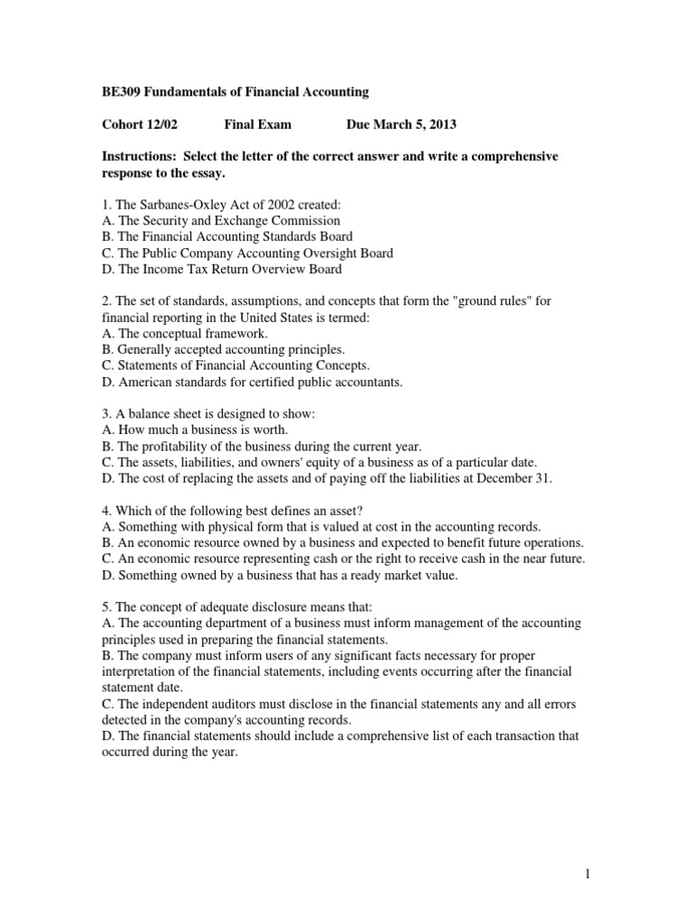 Fundamentals of Financial Accounting Final Exam Financial Accounting