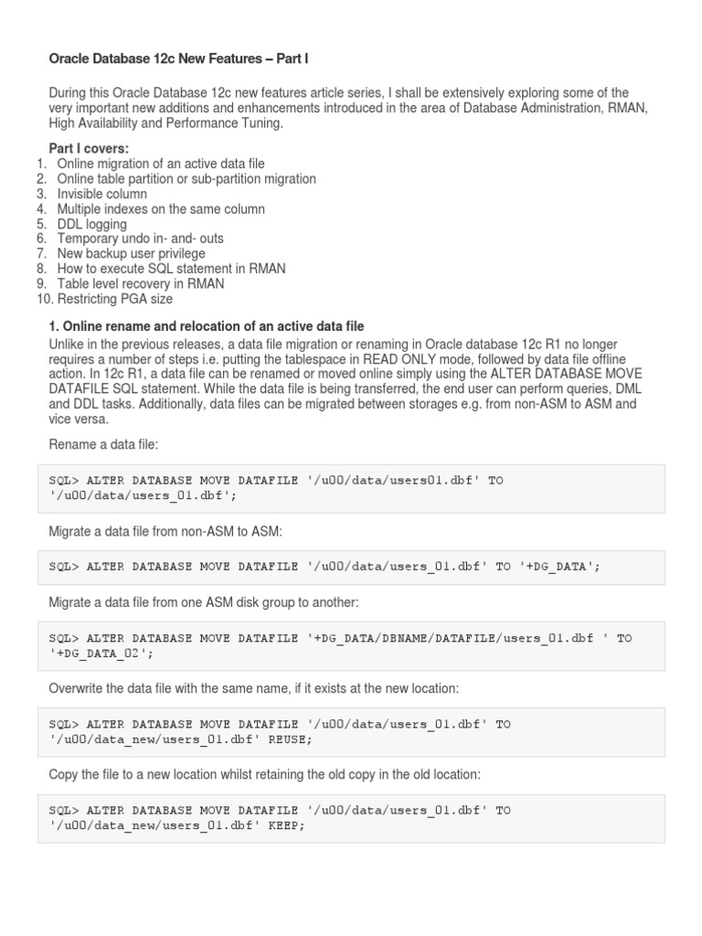 Oracle Database 12c New Features | PDF | Oracle Database | Database Index