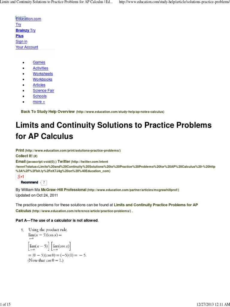 Worksheets Grade 12 Work Sheet On Limit And Continity limits and continuity solutions to practice problems for ap calculus education advanced placement fraction mathematics