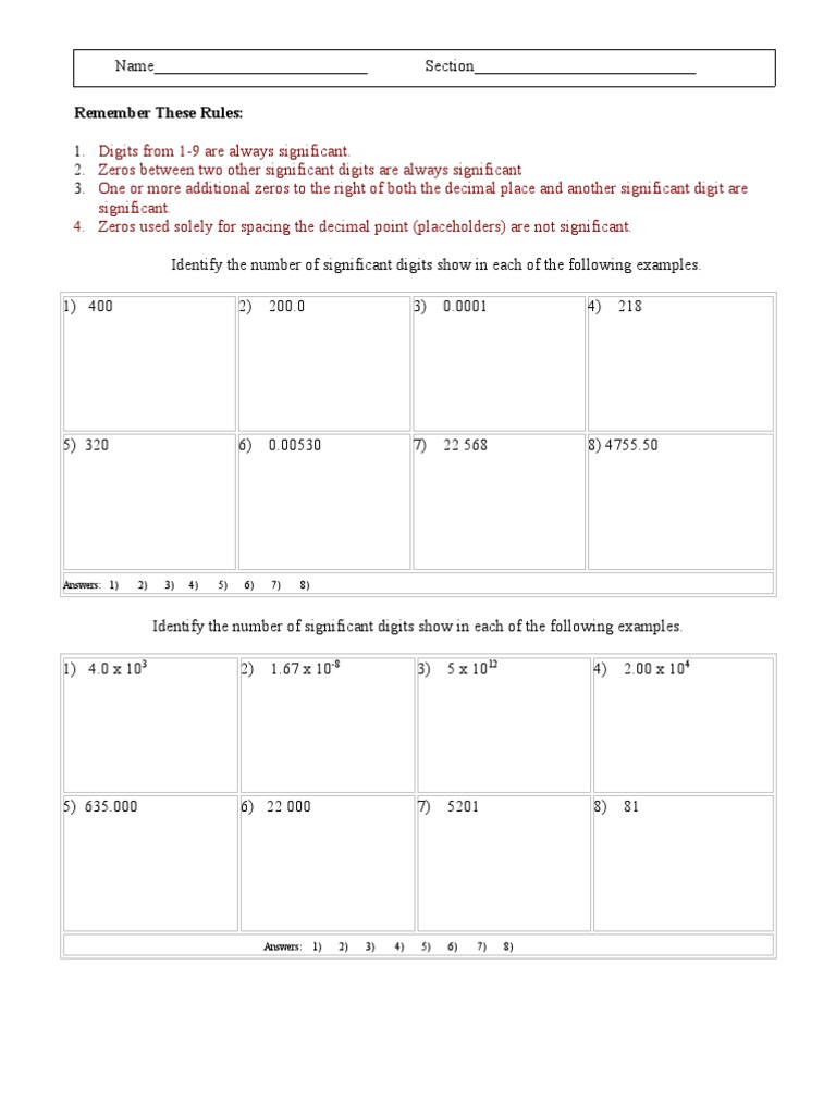 Significant Figures Practice Worksheet | PDF | Significant Figures ...