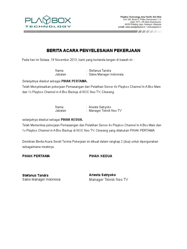 Berita Acara Penyelesaian Pekerjaan | PDF