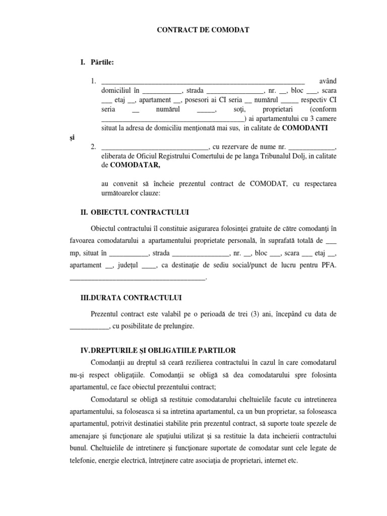 Model Contract Comodat Sediu Pfa
