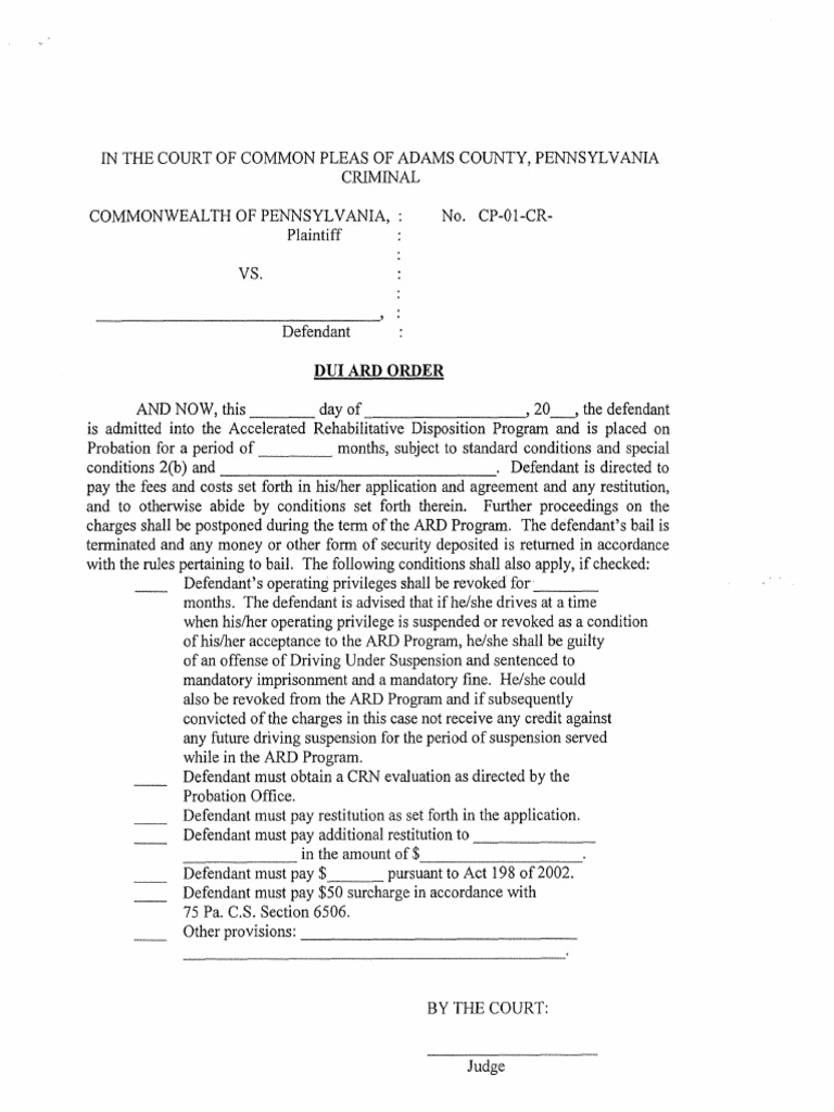 ARD DUI Application, Agreement, and Order Adams County, PA Probation Driving Under The