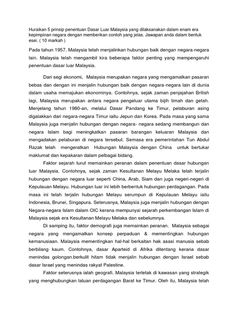 Huraikan 5 prinsip penentuan Dasar Luar Malaysia yang 