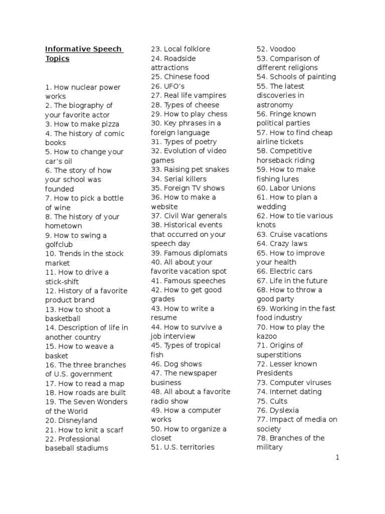 Informative Speech Topics Pdf
