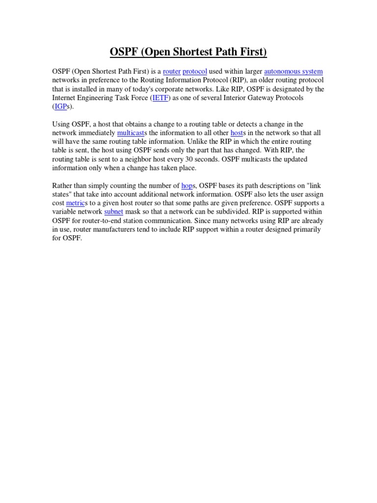 OSPF (Open Shortest Path First) : Router Protocol Autonomous System | PDF