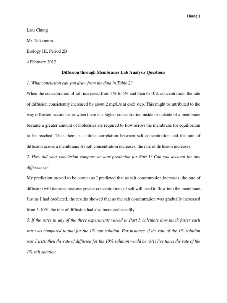 Biology Diffusion Through Membranes Lab Analysis Questions