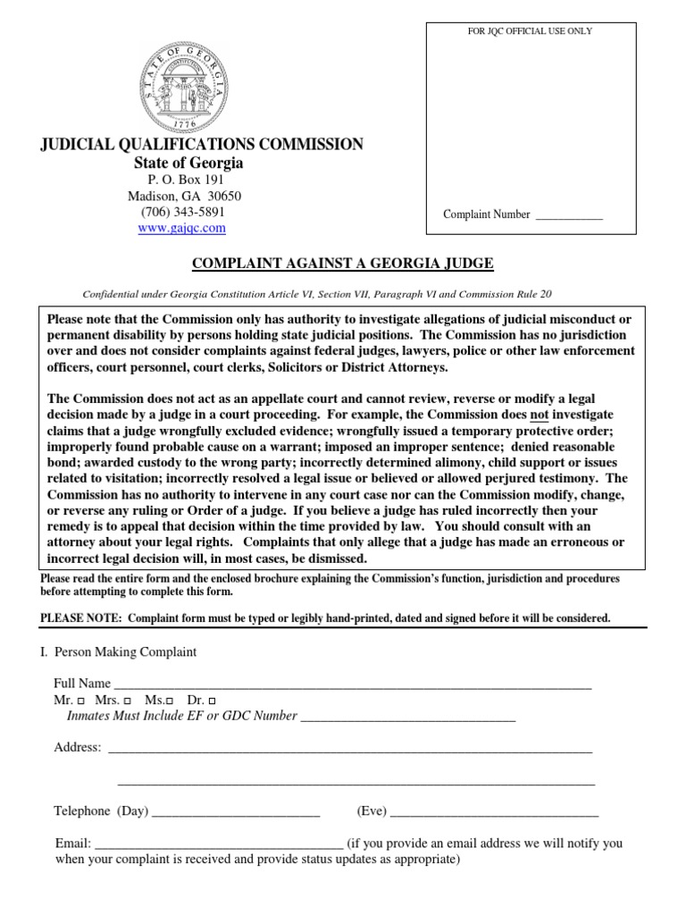 Judicial Qualifications Complaint Form Complaint Judiciaries