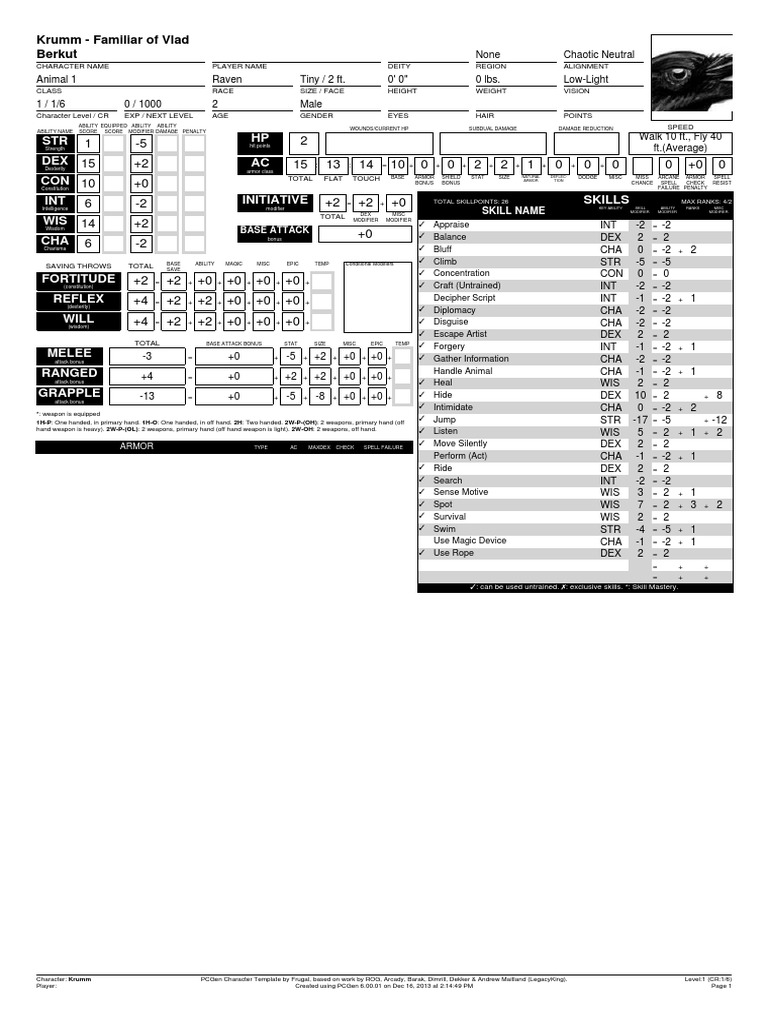 STR DEX CON INT WIS CHA HP AC: Krumm - Familiar of Vlad Berkut ...